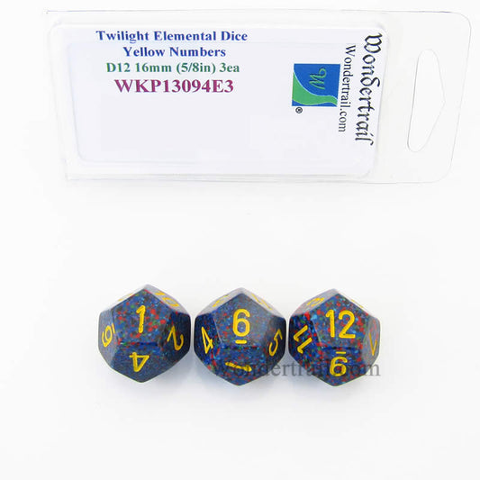 WKP13094E3 Twilight Elemental Dice Yellow Numbers 16mm D12 Pack of 3 Main Image