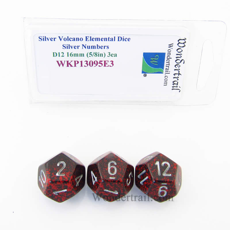 WKP13095E3 Silver Volcano Elemental Dice Silver Numbers 16mm D12 Pack of 3 Main Image