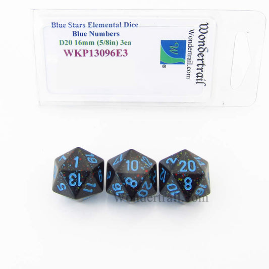 WKP13096E3 Blue Stars Elemental Dice Blue Numbers 16mm D20 Pack of 3 Main Image