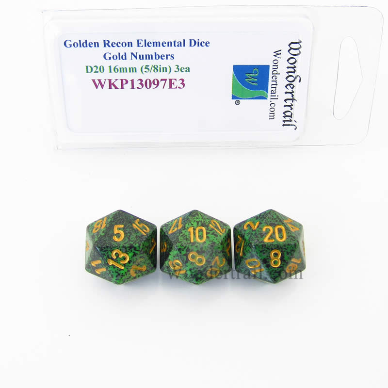 WKP13097E3 Golden Recon Elemental Dice Gold Numbers 16mm D20 Pack of 3 Main Image