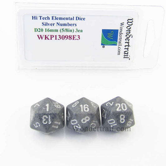 WKP13098E3 Hi Tech Elemental Dice Silver Numbers 16mm D20 Pack of 3 Main Image