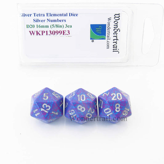 WKP13099E3 Silver Tetra Elemental Dice Silver Numbers 16mm D20 Pack of 3 Main Image