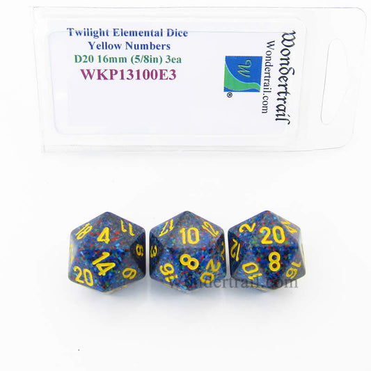 WKP13100E3 Twilight Elemental Dice Yellow Numbers 16mm D20 Pack of 3 Main Image