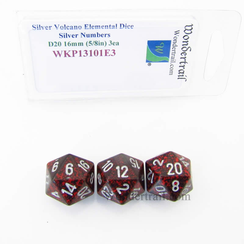 WKP13101E3 Silver Volcano Elemental Dice Silver Numbers 16mm D20 Pack of 3 Main Image