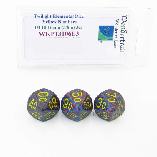 WKP13106E3 Twilight Elemental Dice Yellow Numbers 16mm DT10 Pack of 3 Main Image