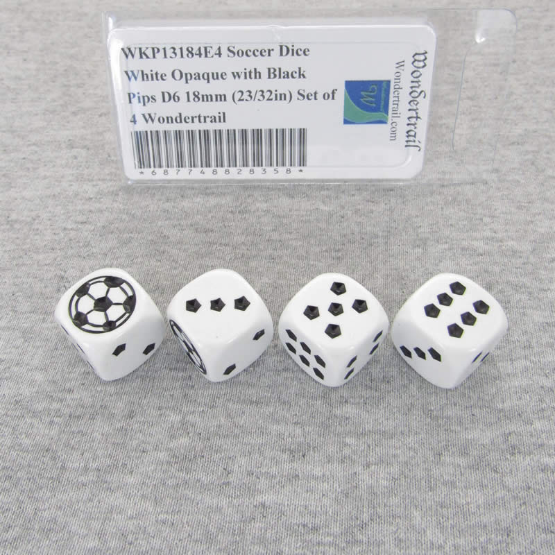 WKP13184E4 Soccer Dice White Opaque Black Pips D6 18mm Set of 4 Main Image