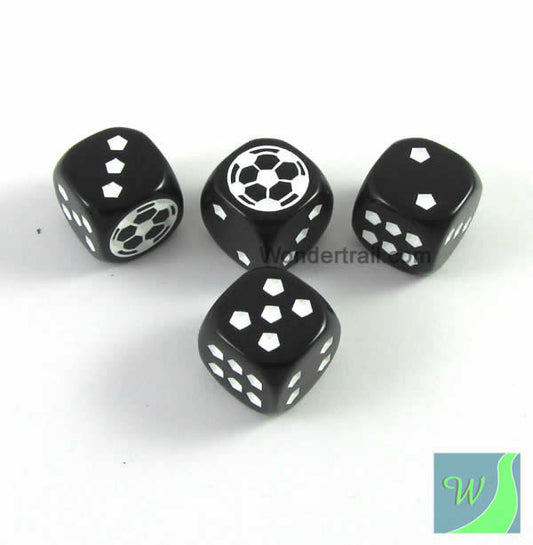 WKP13185E4 Soccer Dice Black Opaque White Pips D6 18mm Set of 4 Main Image