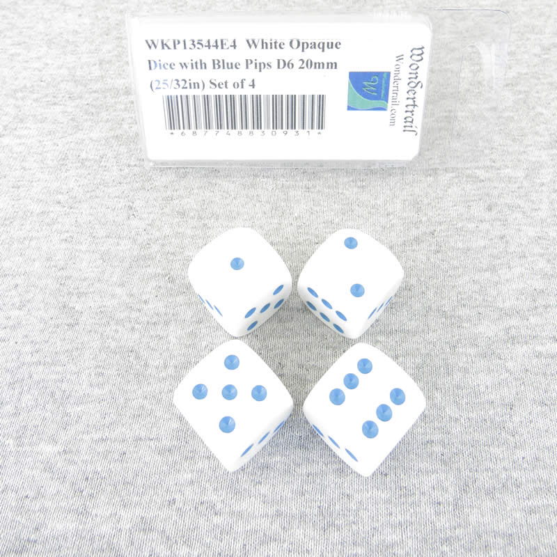 WKP13544E4 White Opaque Dice with Blue Pips D6 20mm (25/32in) Set of 4 Main Image