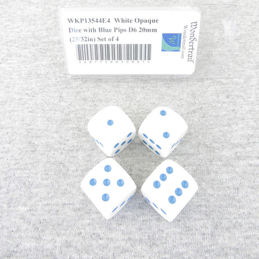 WKP13544E4 White Opaque Dice with Blue Pips D6 20mm (25/32in) Set of 4 Main Image