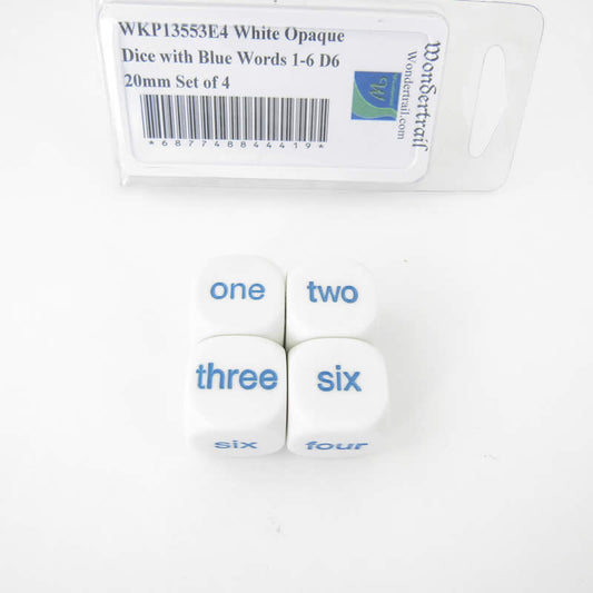 WKP13553E4 White Opaque Dice with Blue Words 1-6 D6 20mm Set of 4 Main Image