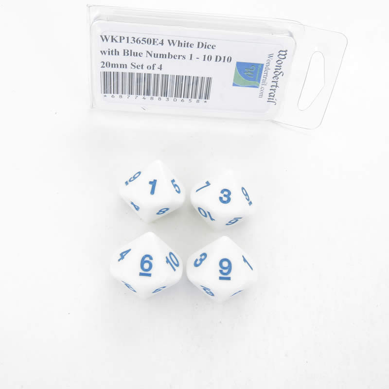 WKP13650E4 White Opaque Dice Blue Numbers 1-10 D10 20mm Set of 4 Main Image