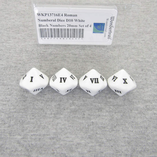WKP13716E4 Roman Numeral Dice D10 White Black Numbers 20mm Set of 4 Main Image