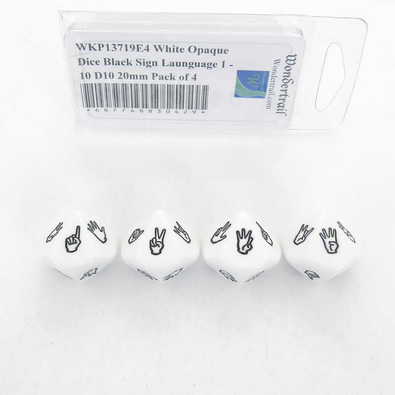 WKP13719E4 White Opaque Dice Black Sign Launguage 1 - 10 D10 20mm Pack of 4 Main Image