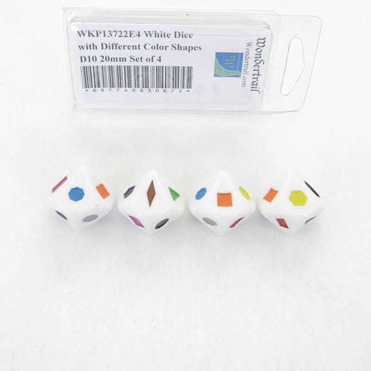 WKP13722E4 White Opaque Dice Different Color Shapes D10 20mm Set of 4 Main Image