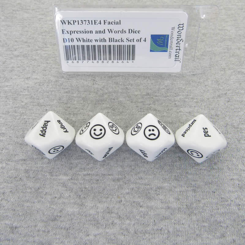 WKP13731E4 Facial Expression and Words Dice D10 White with Black Set of 4 Main Image