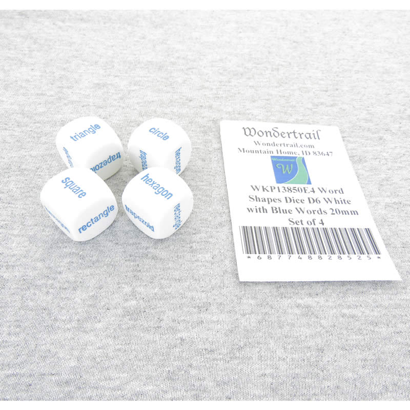 WKP13850E4 Word Shapes Dice D6 White with Blue Words 20mm Set of 4 Main Image