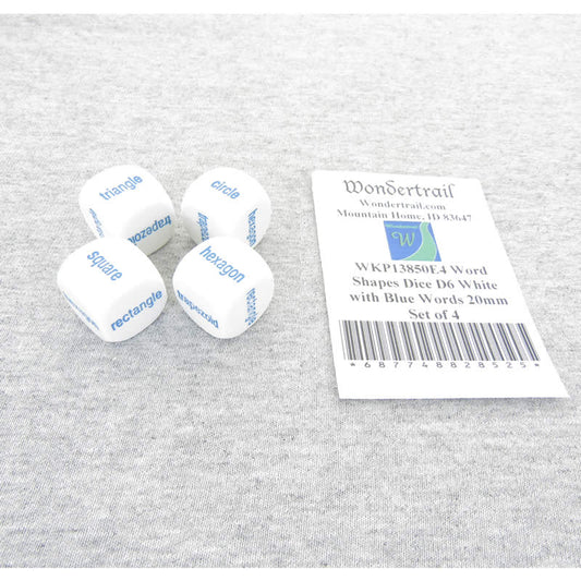 WKP13850E4 Word Shapes Dice D6 White with Blue Words 20mm Set of 4 Main Image