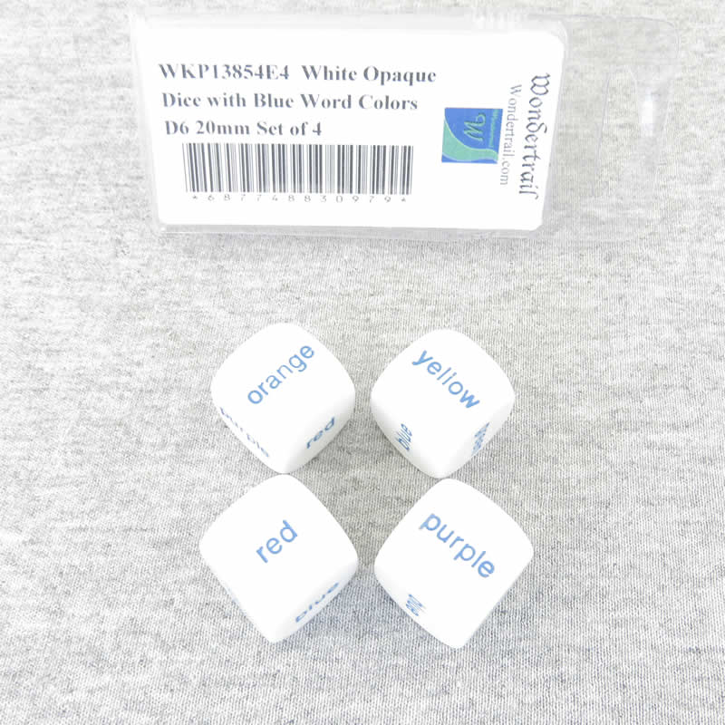 WKP13854E4  White Opaque Dice with Blue Word Colors D6 20mm Set of 4 Main Image