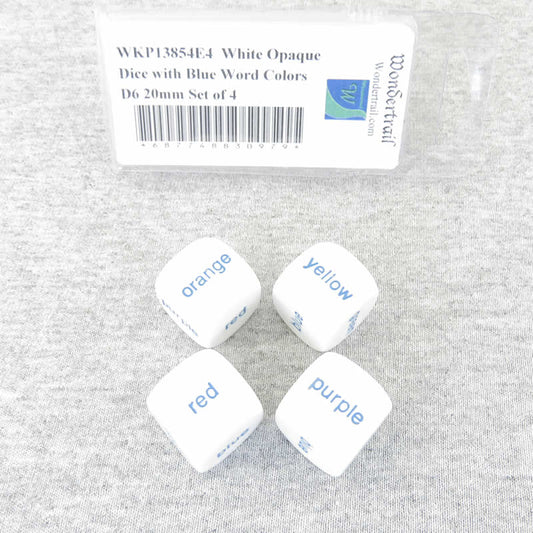 WKP13854E4  White Opaque Dice with Blue Word Colors D6 20mm Set of 4 Main Image