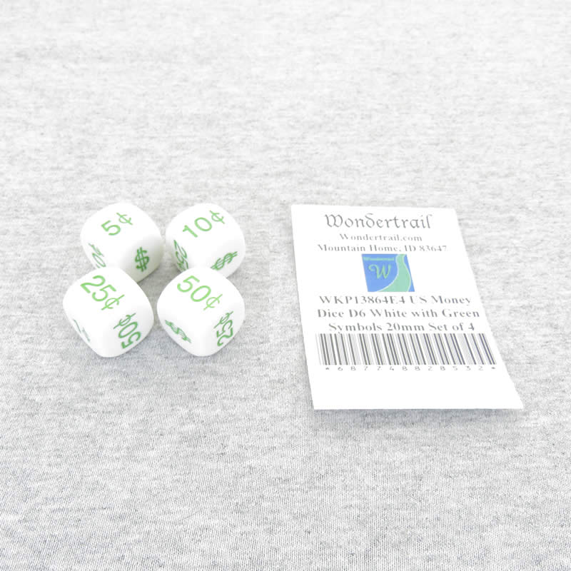 WKP13864E4 US Money Dice D6 White with Green Symbols 20mm Set of 4 Main Image