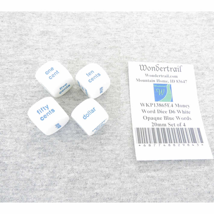 WKP13865E4 Money Word Dice D6 White Opaque Blue Words 20mm Set of 4 Main Image