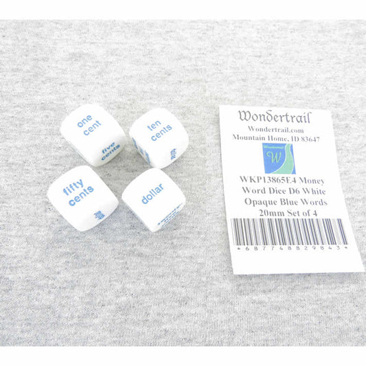 WKP13865E4 Money Word Dice D6 White Opaque Blue Words 20mm Set of 4 Main Image