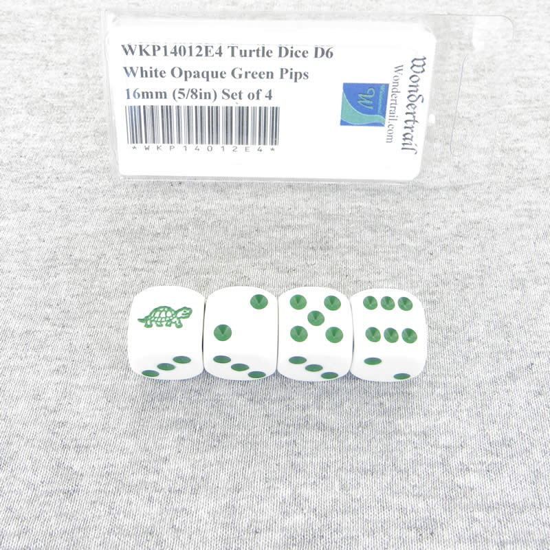 WKP14012E4 Turtle Dice D6 White Opaque Green Pips 16mm (5/8in) Set of 4 Main Image