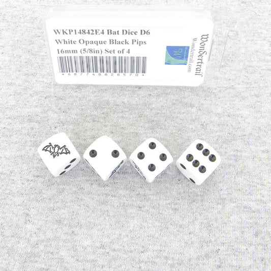 WKP14842E4 Bat Dice D6 White Opaque Black Pips 16mm (5/8in) Set of 4 Main Image