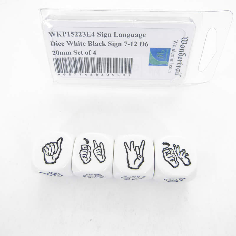 WKP15223E4 Sign Language Dice White Black Sign 7-12 D6 20mm Set of 4 Main Image