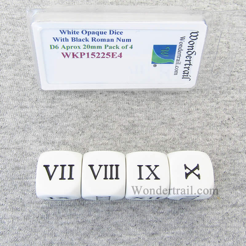 WKP15225E4 White Opaque Dice with Black Roman Numeral (7-12) D6 20mm (25/32in) Set of 4 Wondertrail Main Image
