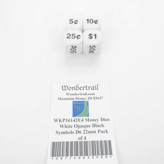WKP16142E4 Money Dice White Opaque Black Symbols D6 22mm Pack of 4 Main Image