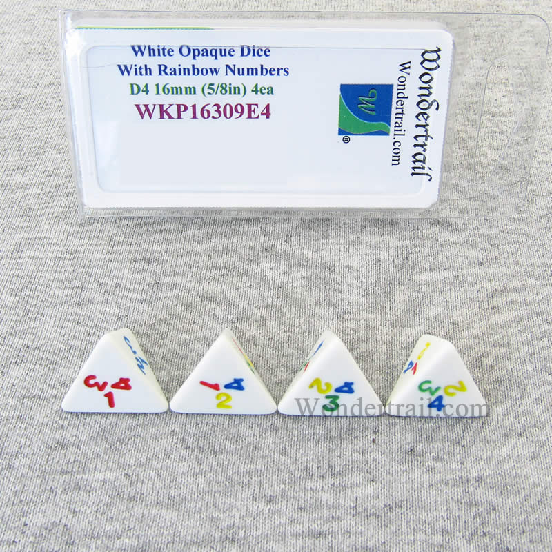 WKP16309E4 White Opaque Dice Rainbow Color Numbers D4 16mm Pack of 4 Main Image