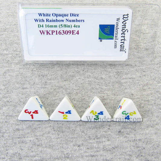 WKP16309E4 White Opaque Dice Rainbow Color Numbers D4 16mm Pack of 4 Main Image