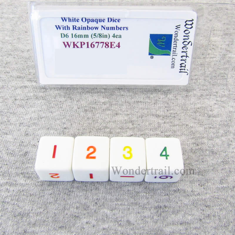 WKP16778E4 White Opaque Dice Rainbow Color Numbers D6 16mm Pack of 4 Main Image