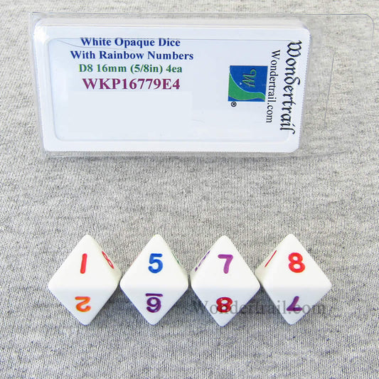 WKP16779E4 White Opaque Dice Rainbow Color Numbers D8 16mm Pack of 4 Main Image