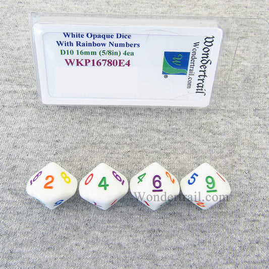 WKP16780E4 White Opaque Dice Rainbow Color Numbers D10 16mm Pack of 4 Main Image