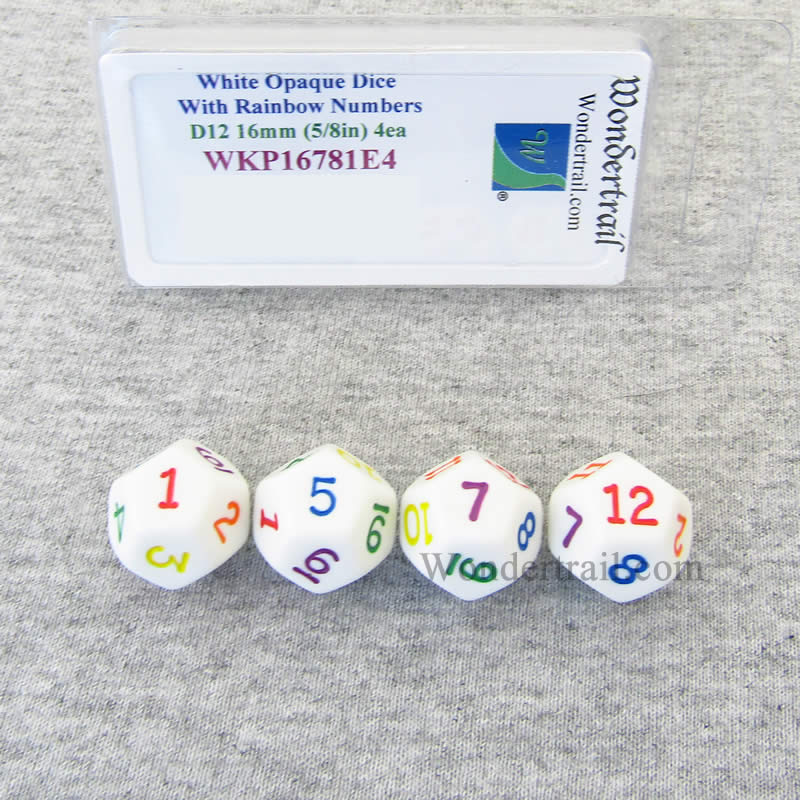 WKP16781E4 White Opaque Dice Rainbow Color Numbers D12 16mm Pack of 4 Main Image