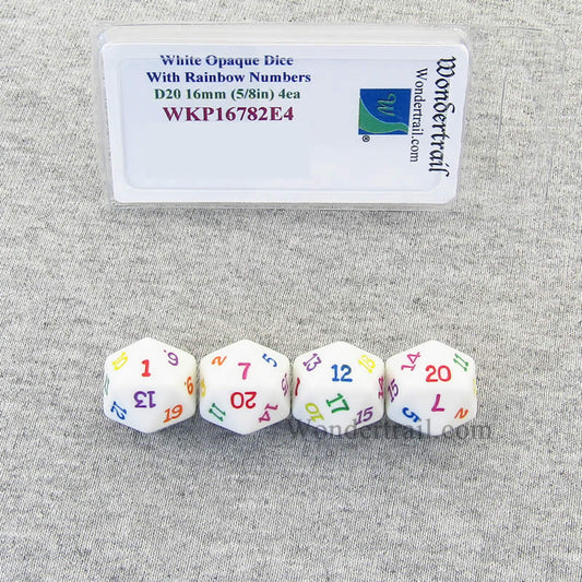 WKP16782E4 White Opaque Dice Rainbow Color Numbers D20 16mm Pack of 4 Main Image