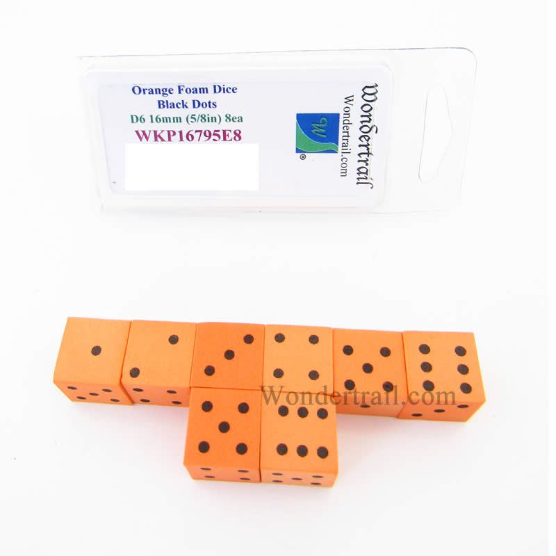 WKP16795E8 Orange Foam Dice with Black Dots D6 16mm (5/8in) Pack of 8 Main Image