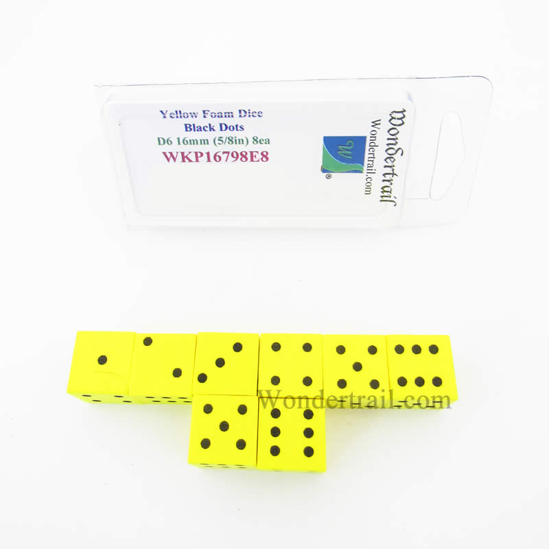 WKP16798E8 Yellow Foam Dice with Black Dots D6 16mm (5/8in) Pack of 8 Main Image