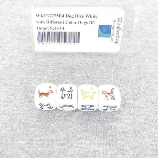 WKP17275E4 Dog Dice White with Different Color Dogs D6 16mm Set of 4 Main Image