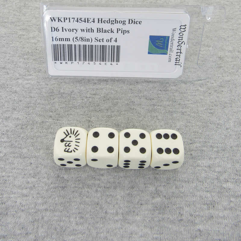 WKP17454E4 Hedghog Dice D6 Ivory with Black Pips 16mm (5/8in) Set of 4 Main Image