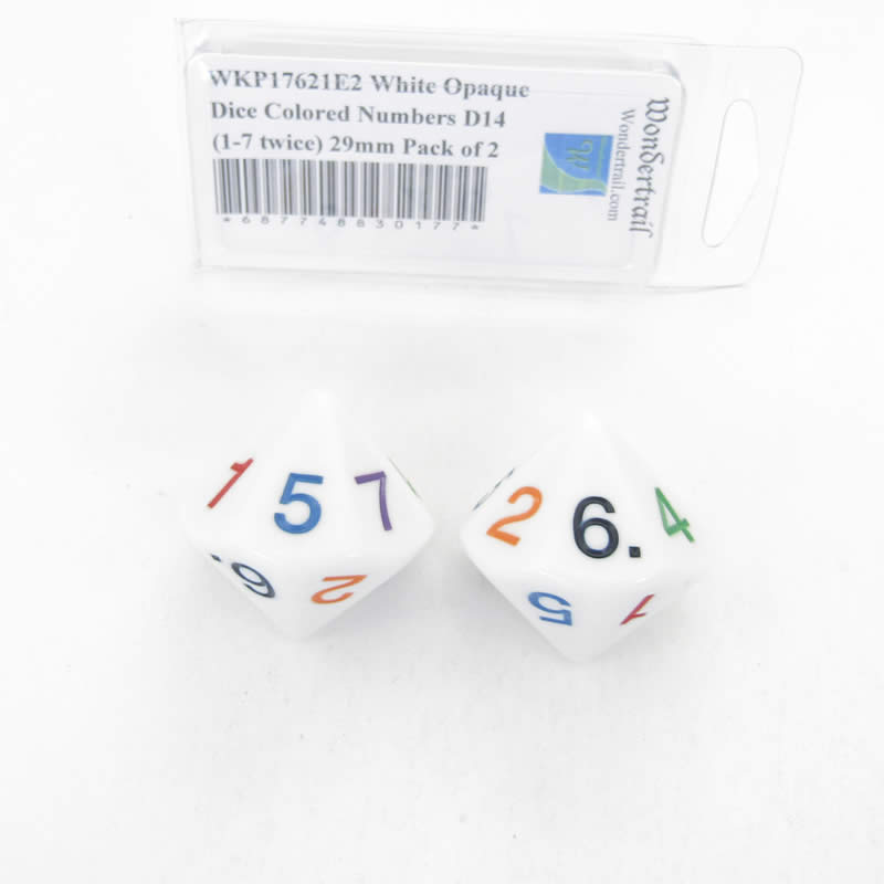 WKP17621E2 White Opaque Dice Colored Numbers D14 (1-7 twice) 29mm Pack of 2 Main Image