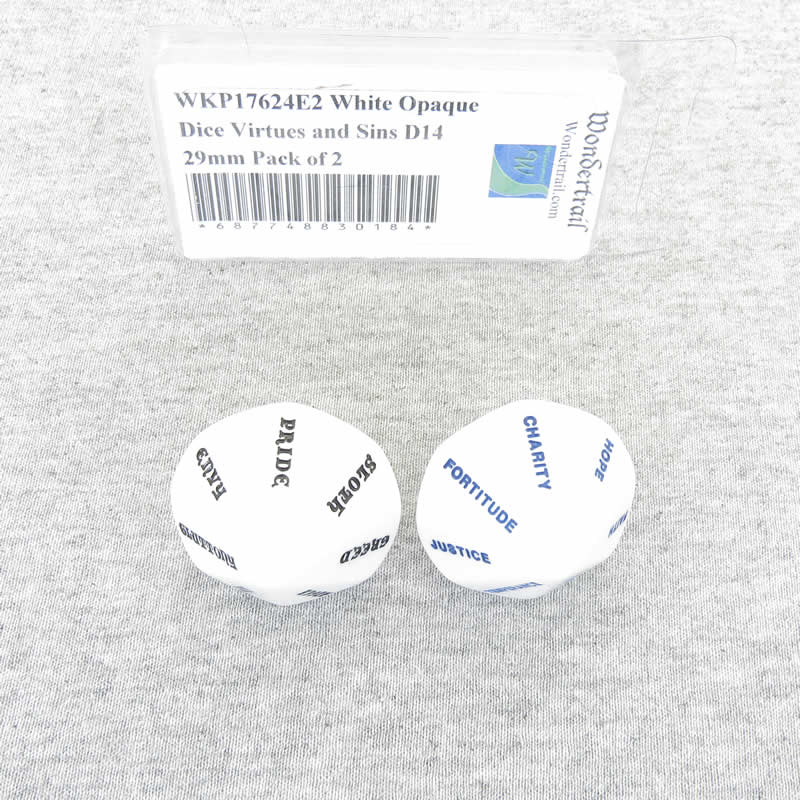 WKP17624E2 White Opaque Dice Virtues and Sins D14 29mm Pack of 2 Main Image