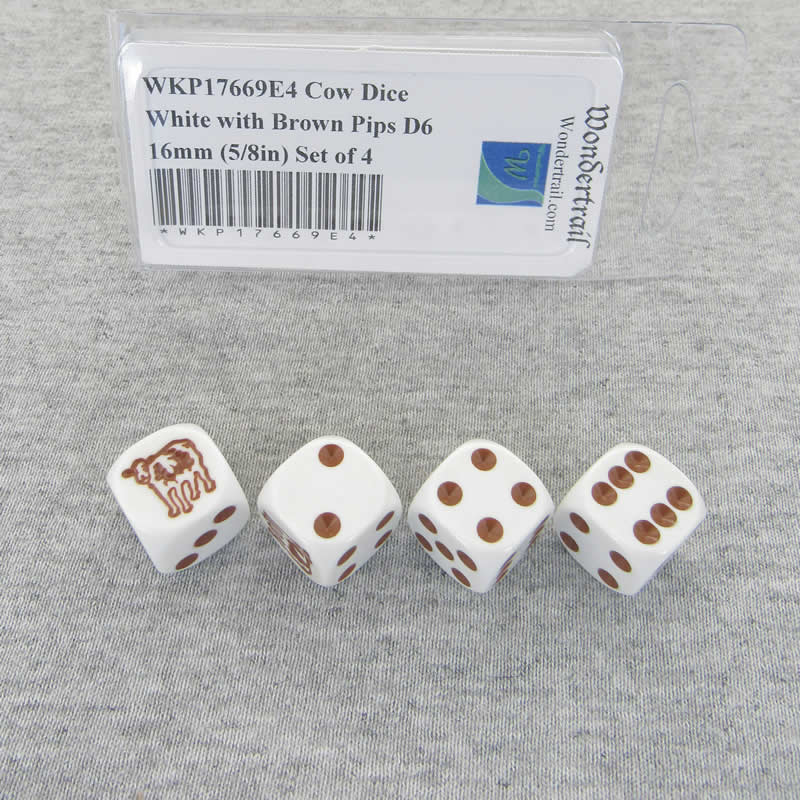 WKP17669E4 Cow Dice White with Brown Pips D6 16mm (5/8in) Set of 4 Main Image