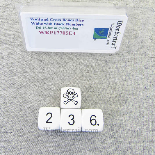 WKP17705E4 Skull and Cross Bones Dice White with Black Numbers D6 15.8mm Set of 4 Main Image