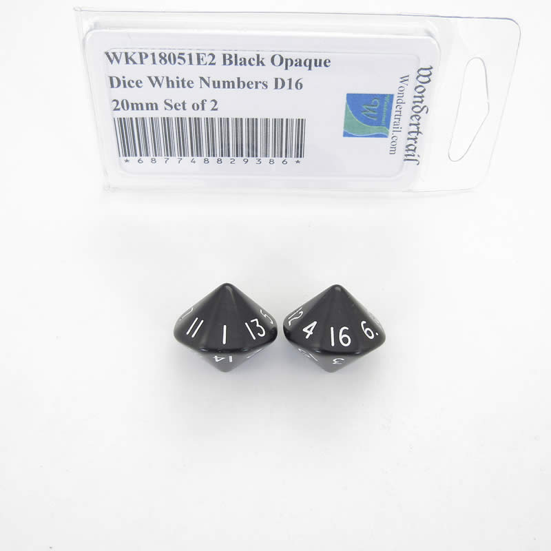 WKP18051E2 Black Opaque Dice White Numbers D16 20mm Set of 2 Main Image