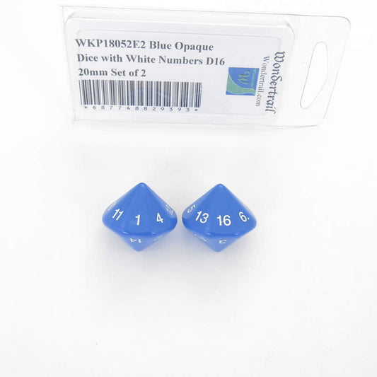 WKP18052E2 Blue Opaque Dice with White Numbers D16 20mm Set of 2 Main Image