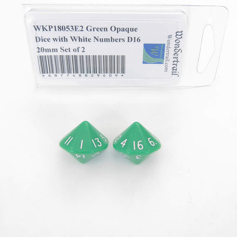 WKP18053E2 Green Opaque Dice with White Numbers D16 20mm Set of 2 Main Image