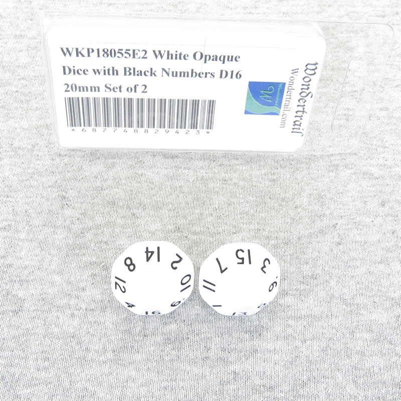 WKP18055E2 White Opaque Dice with Black Numbers D16 20mm Set of 2 Main Image